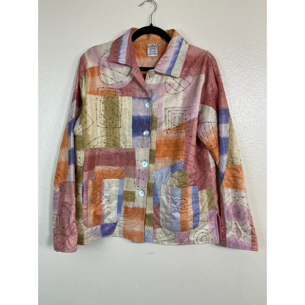 Parsley & Sage Womens Patchwork Silk Blazer Jacket size Medium Beaded Artsy Boho